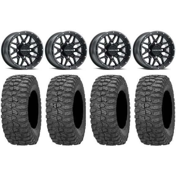 Raceline Krank 14" Wheels Bk +38mm 30" Rock-A-Billy Tires Sportsman RZR Ranger