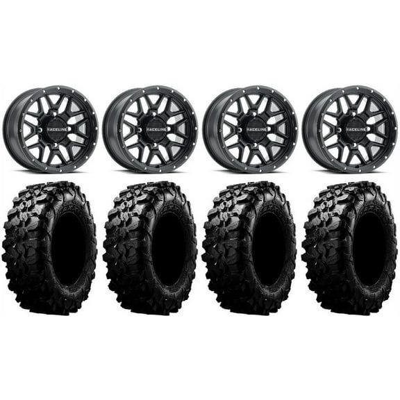 Raceline Krank 14" Wheels Black +38mm 30" Carnivore Tires Can-Am Commander Maverick Renegade Outlander Defender