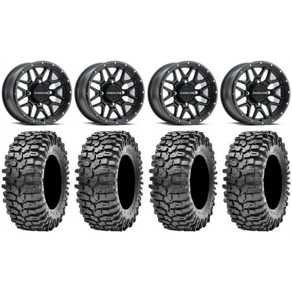 Raceline Krank 14" Wheels Black +38mm 32" Roxxzilla Tires Can-Am Maverick X3 / Honda Pioneer 1000 / Talon