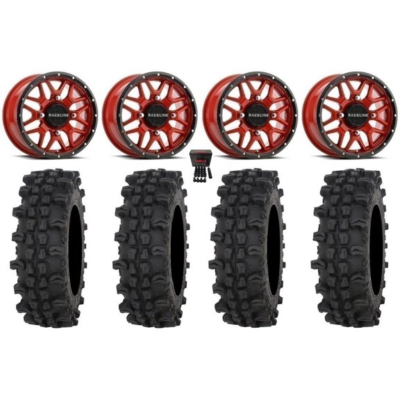 Raceline Krank 14" Wheels Red +38mm 28" ACP Tires Sportsman RZR Ranger