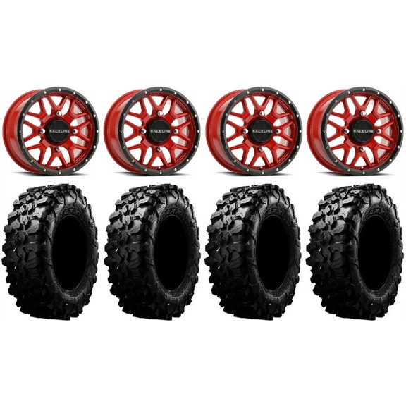Raceline Krank 14" Wheels Red +38mm 28" Carnivore Tires Sportsman RZR Ranger