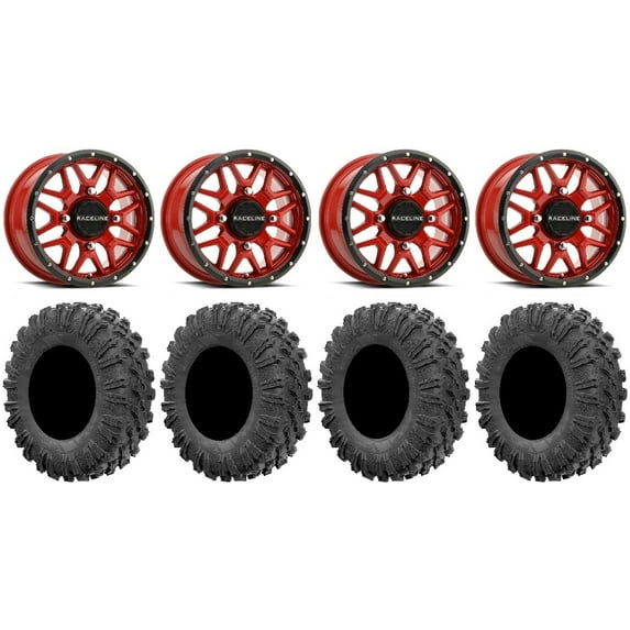 Raceline Krank 14" Wheels Red +38mm 32" MotoRavage Tires Polaris RZR XP 1000 / PRO XP / Ranger XP 900/1000