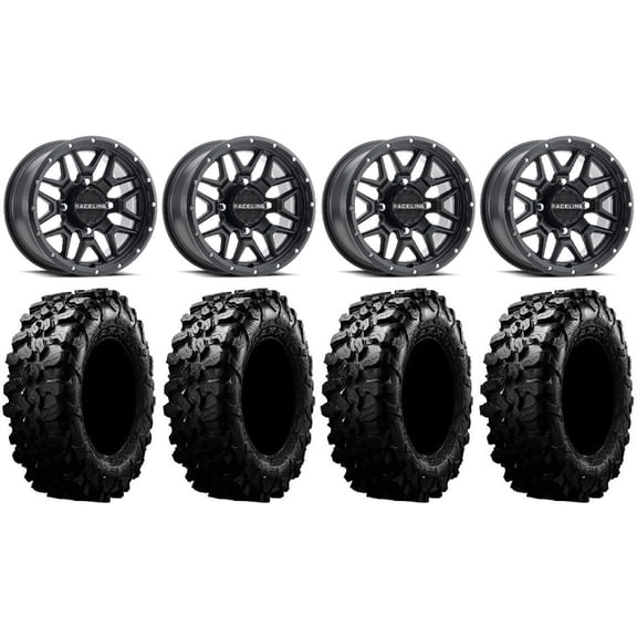 Raceline Krank 15" Wheels Black 35" Carnivore Tires Can-Am Maverick X3 / Honda Pioneer 1000 / Talon