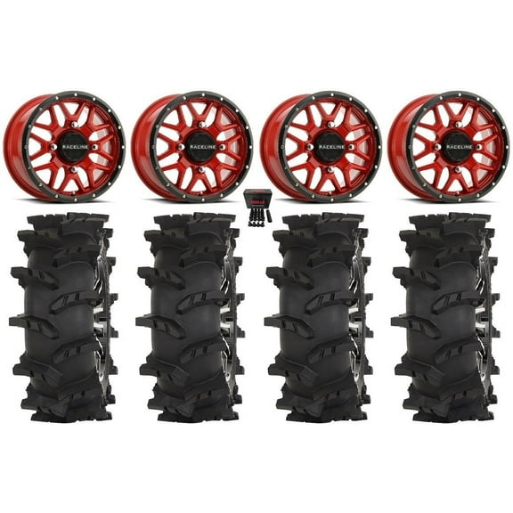 Raceline Krank 15" Wheels Red 32" Outlaw Max Tires Can-Am Maverick X3 / Honda Pioneer 1000 / Talon