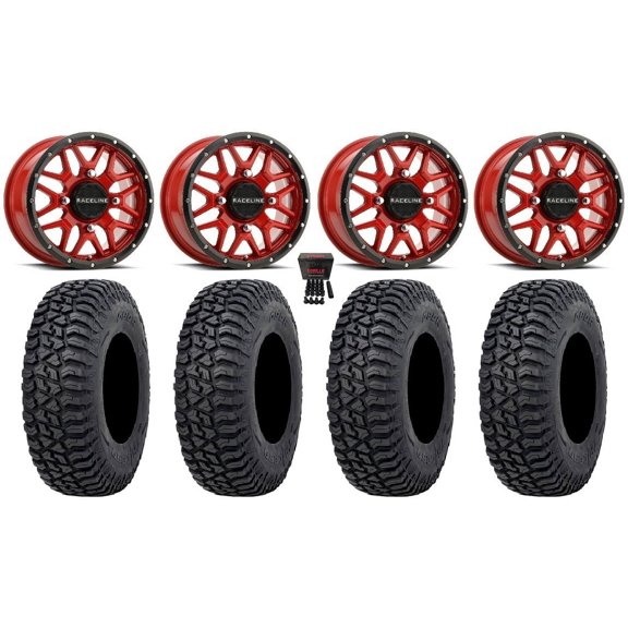 Raceline Krank 15" Wheels Red 32" Tricera Tires Can-Am Maverick X3 / Honda Pioneer 1000 / Talon