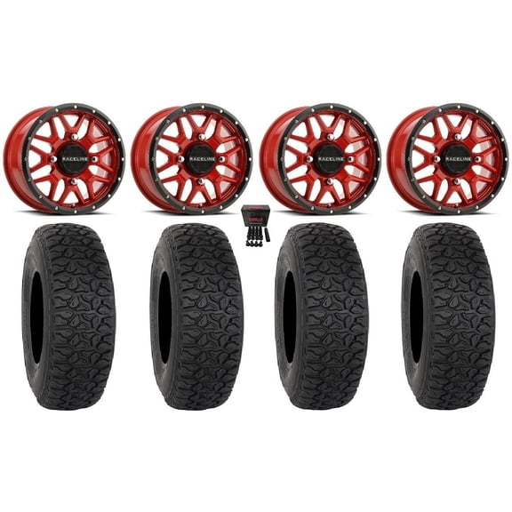 Raceline Krank 15" Wheels Red 35" DX440 Tires Kawasaki Mule Pro FXT