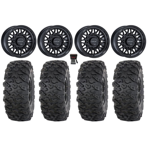 Raceline Omega 15" Wheels Gloss Black 33" Roctane T4 Tires KawasakiMuleProFXT