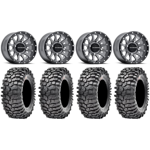 Raceline Trophy 14" Grey Wheels 35" Roxxzilla Tires Kawasaki Mule Pro FXT