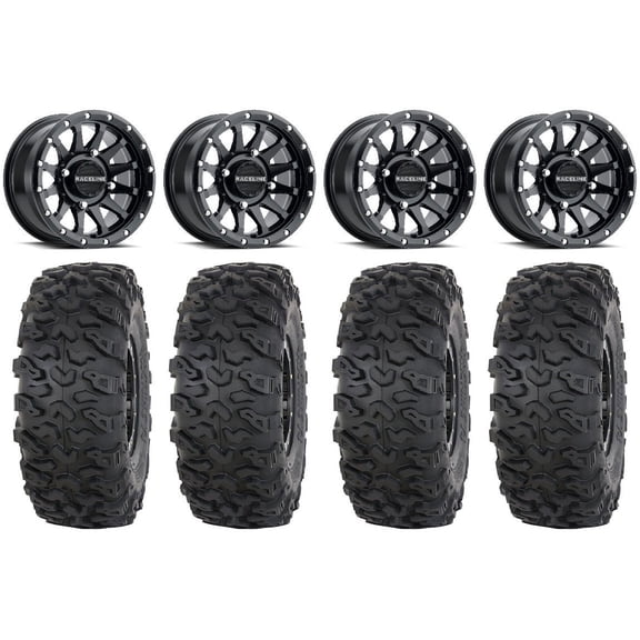 Raceline Trophy 14" Wheels Black 32" Roctane T4 Tires Kawasaki Mule Pro FXT