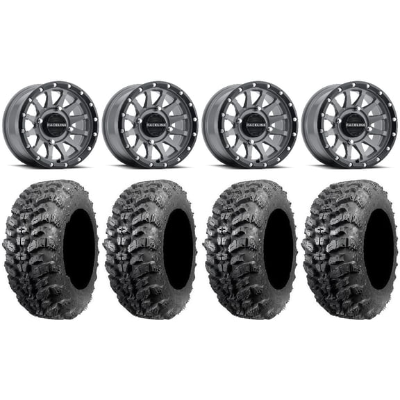Raceline Trophy 15" Grey Wheels 28" Sniper 920 Tires Can-Am Commander Maverick Renegade Outlander Defender