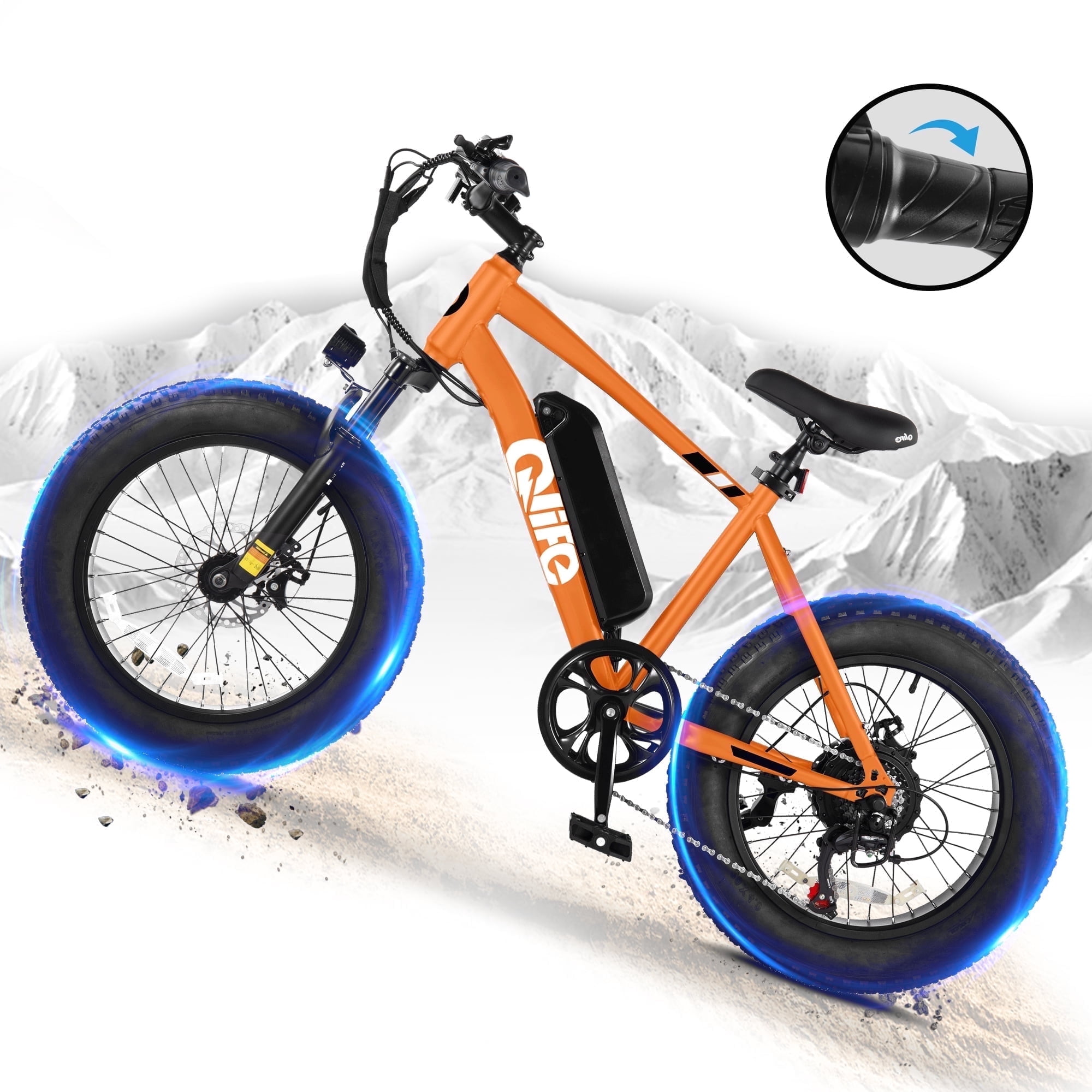 Qlife Racer Fat Tire Electric Bicycle for Adults, 28MPH Mountain Ebike with Peak 1200W Brushless Motor, Removable Battery, 20X4.0 Tire Step Over E-MTB with 7-Speed Orange