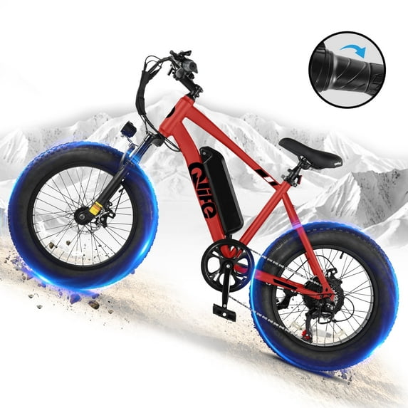 Qlife Racer Fat Tire Electric Bicycle for Adults, 28MPH Mountain Ebike with Peak 1200W Brushless Motor, Removable Battery, 20X4.0 Tire Step Over E-MTB with 7-Speed Red