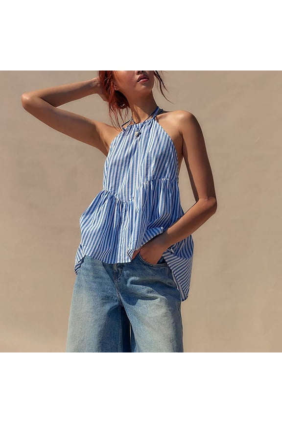 Racerback Tank Tops for Woman Sleeveless Striped Peplum Tank Top, Sexy Open Back & Ruched Hem Casual Blouse Tank Tops