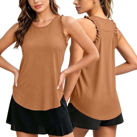 Racerback Tank Tops for Women Summer Crewneck Sleeveless Shirts Workout Ruffle Trim Curved Hem Summer Tanktops, 3XL