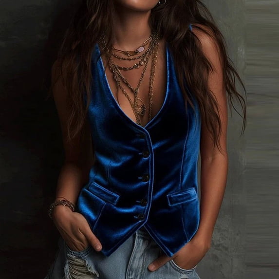 Racerback Tank Tops for Women Womens Velvet Waistcoat V Neck Button Slim Fitting Sleeveless Vests for Formal Party Blue XL