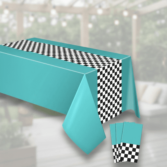 Racetrack Table Runner for Kids Birthday Party Decorations, 54 x 108 Inch Blue Tablecloth with 3 Sheets, Car Theme Party Supplies for Boys