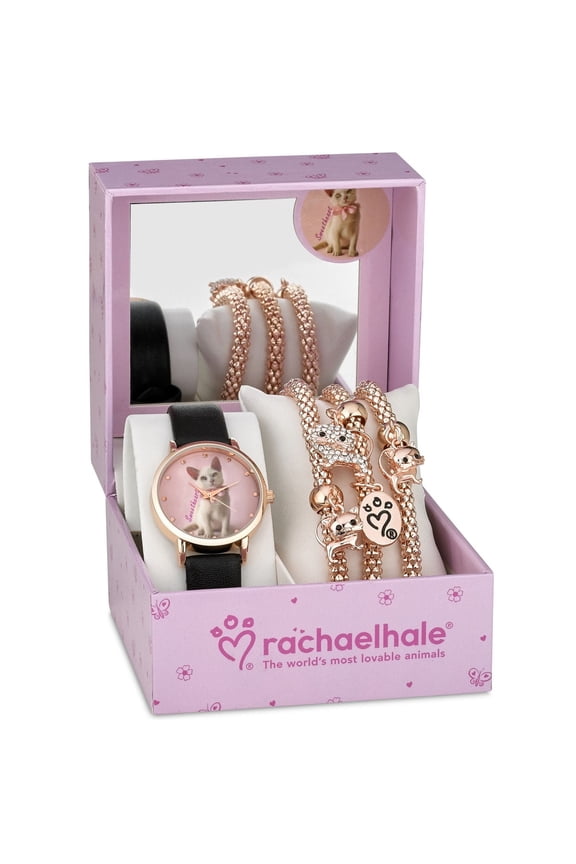 Teen Rose Gold Kitty 4-Piece Leather Wristwatches, Gold