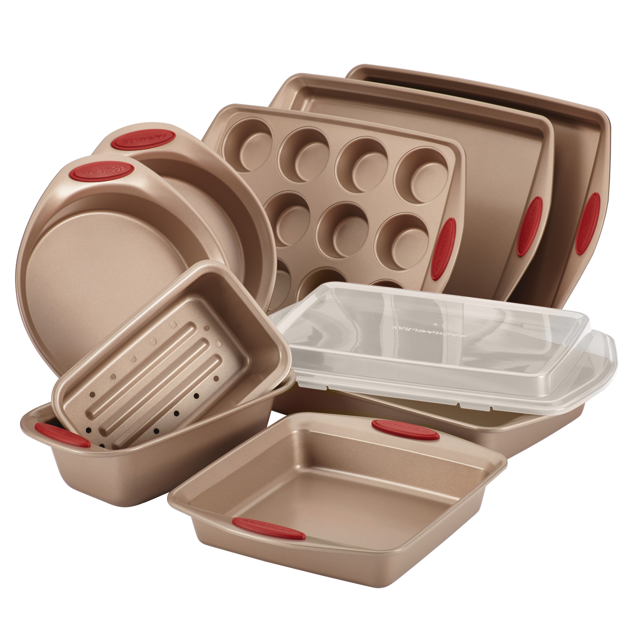 Rachael Ray 10-Piece Cucina Nonstick Bakeware Set, Brown with Red Handles - image 1 of 17