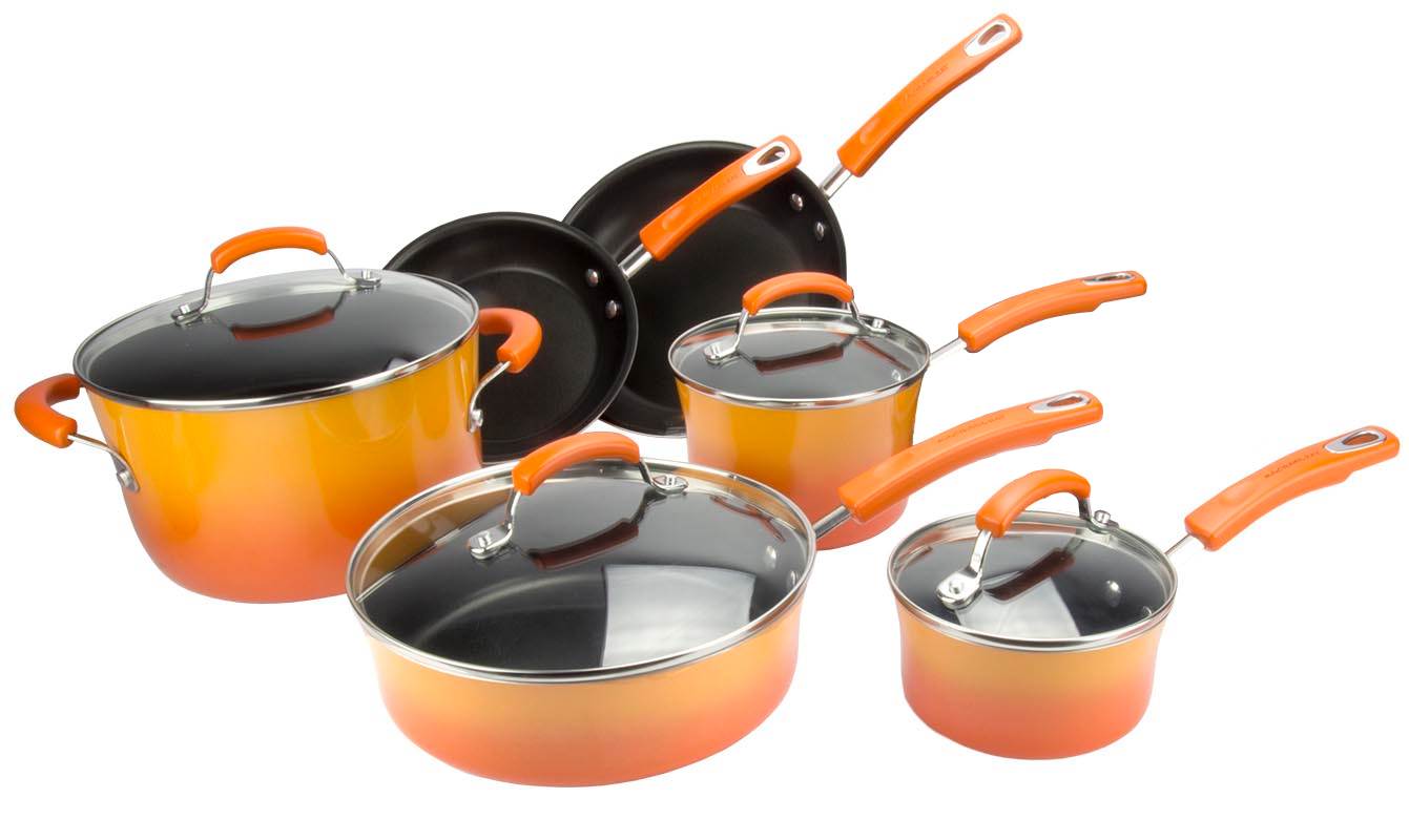 Rachael Ray 10-Piece Kitchen NonStick Hard Enamel Cookware Set Pots Pans, Orange - image 1 of 9