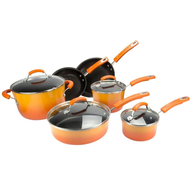 Rachael Ray 10-Piece Kitchen NonStick Hard Enamel Cookware Set Pots Pans, Orange