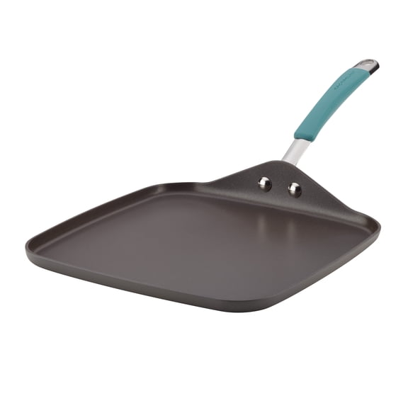Rachael Ray 11" Cucina Hard-Anodized Nonstick Shallow Square Griddle, Gray with Agave Blue Handle