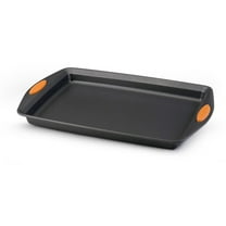 Rachael Ray 11-Inch by 17-Inch Yum-o! Nonstick Oven Lovin’ Crispy Baking Sheet, Cookie Pan, Gray with Orange Handles