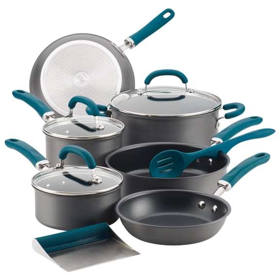Rachael Ray 11 Piece Create Delicious Nonstick Pots and Pans Set, Teal Handles
