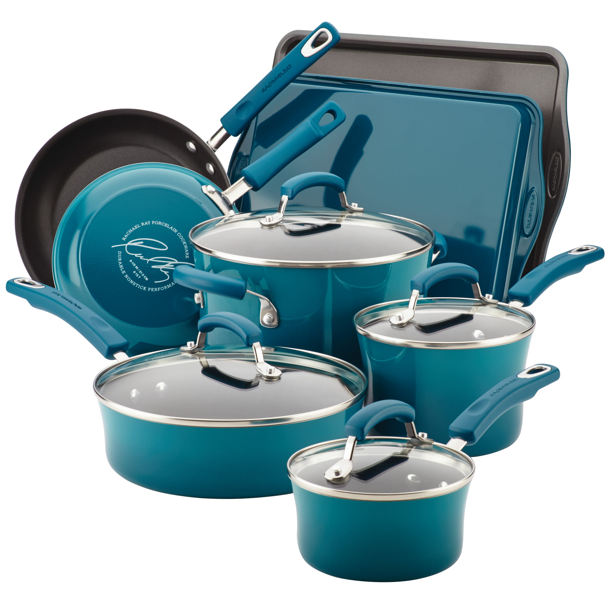 Rachael Ray 12-Piece Get Cooking! Nonstick Pots and Pans Set/Cookware Set, Turquoise