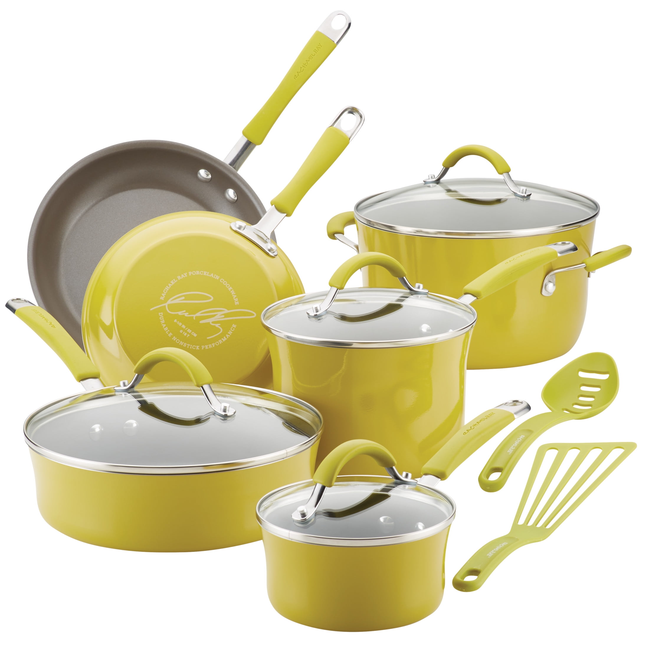 Rachael Ray 12 Piece Cucina Hard Porcelain Enamel Nonstick Pots and Pans, Lemongrass Green
