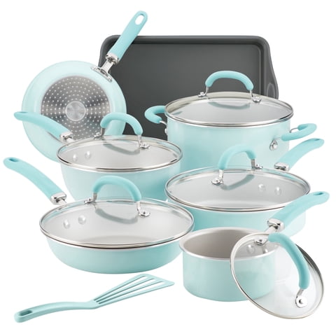 Rachael Ray 13 Pc Create Delicious Aluminum Nonstick Cookware Set, Light Blue Shimmer