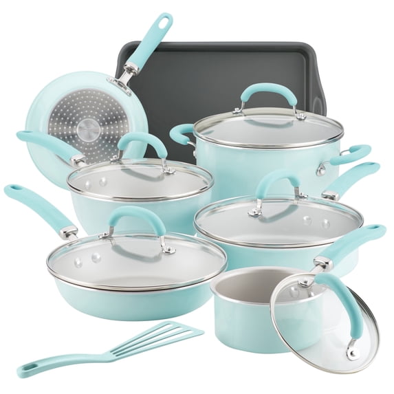 Rachael Ray 13 Pc Create Delicious Aluminum Nonstick Cookware Set, Light Blue Shimmer