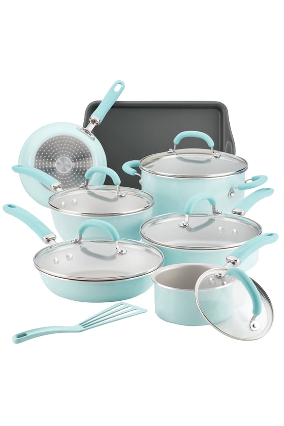 13 Pc Create Delicious Aluminum Nonstick Cookware Set, Light Blue Shimmer