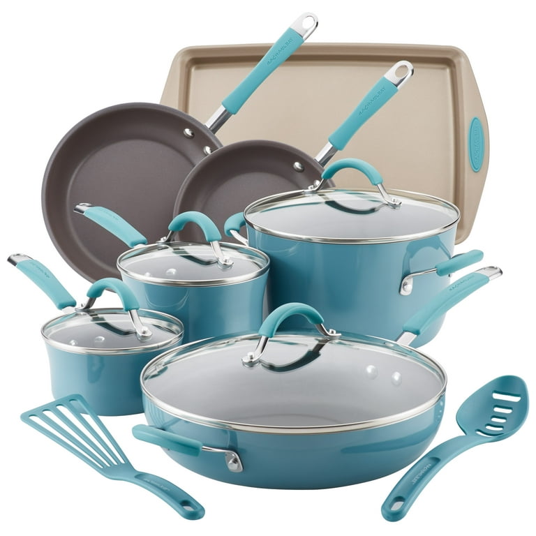 Rachael Ray 14-Piece Hard Porcelain Enamel Nonstick Pots and Pans Sets,  Cookware Set, Blue 