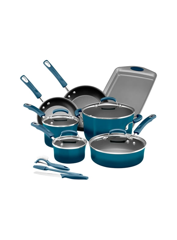 Rachael Ray 14-Piece Classic Bright's Hard Enamel Nonstick Pots and Pans Set, Cookware Set, Marine Blue