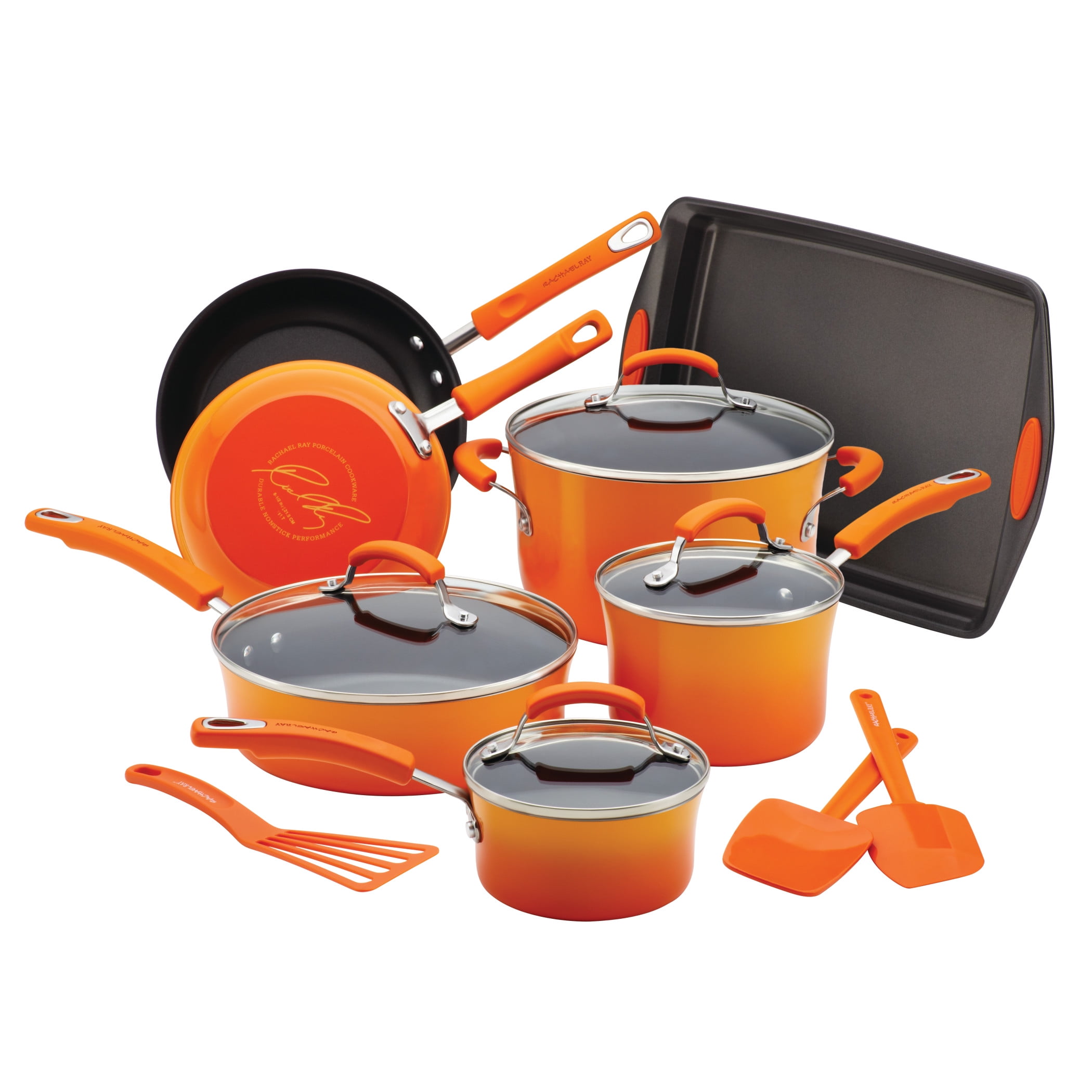 Rachael Ray Classic Brights Hard Enamel Nonstick 14-Piece Cookware Set,  Orange Gradient