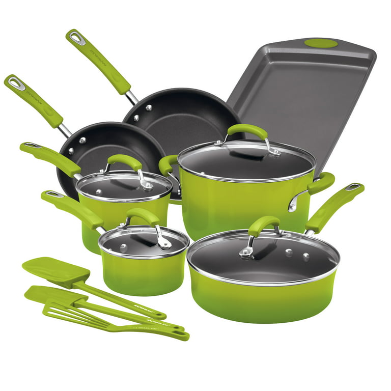 Rachael Ray 14-Piece Pots and Pans Set/Cookware Set, Green