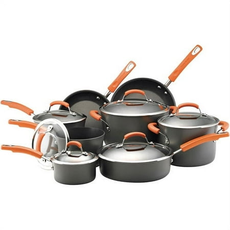 Rachael Ray 14 Pieces Hard-Anodized Nonstick Pots and Pans Set, Cookware Set, Gray with Orange Handles