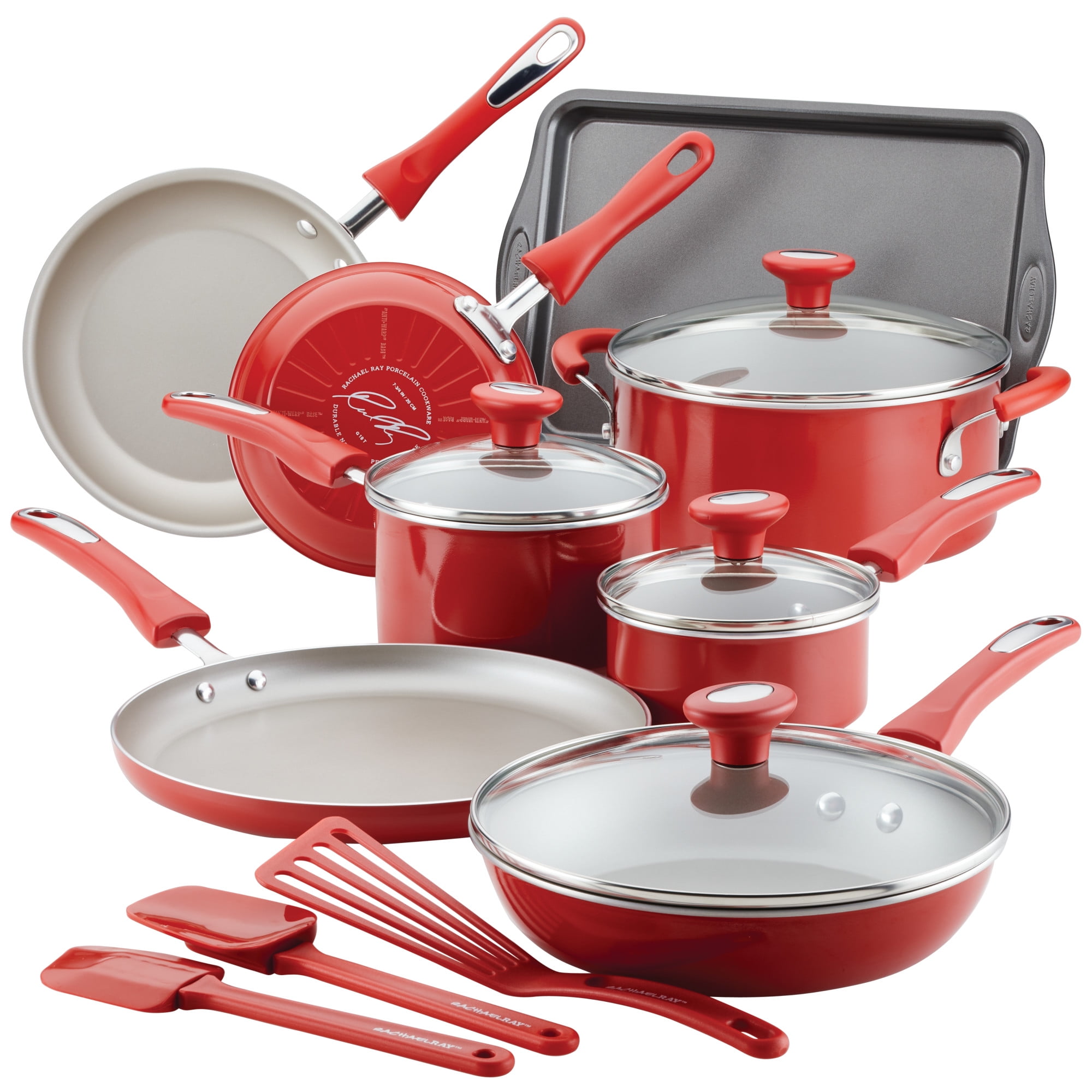 Rachael Ray 15-Piece Get Cooking! Aluminum Nonstick Pots and Pans  Set/Cookware Set, Red