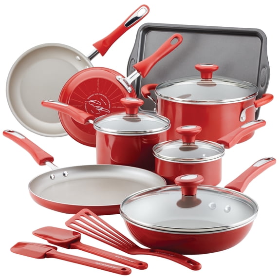 Rachael Ray 15-Piece Get Cooking! Aluminum Nonstick Pots and Pans Set/Cookware Set, Red