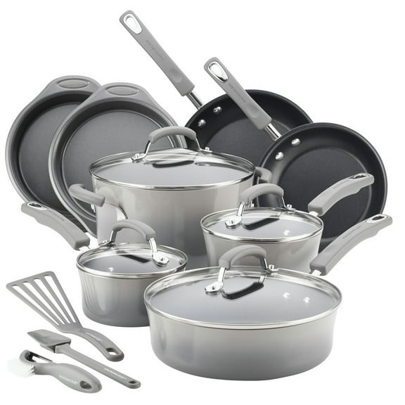 Rachael Ray 15 Piece Hard Enamel Nonstick Pots and Pans Set, Gray