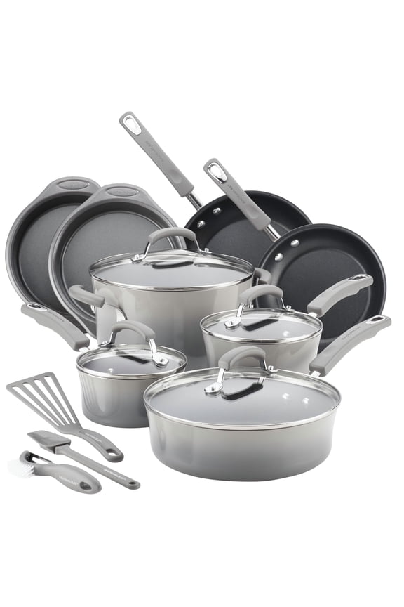 15 Piece Hard Enamel Nonstick Pots and Pans Set, Gray