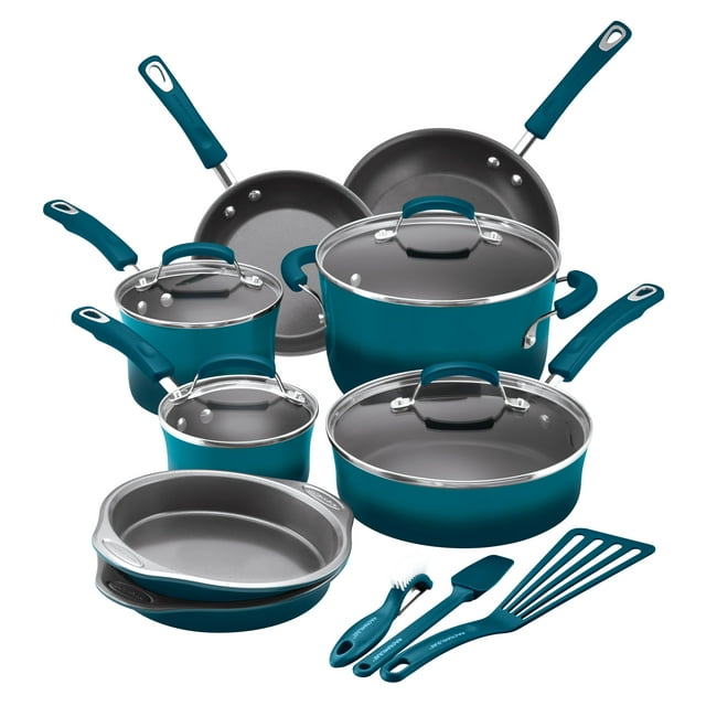 Rachael Ray 15 Piece Nonstick Pots and Pans Set, Marine Blue