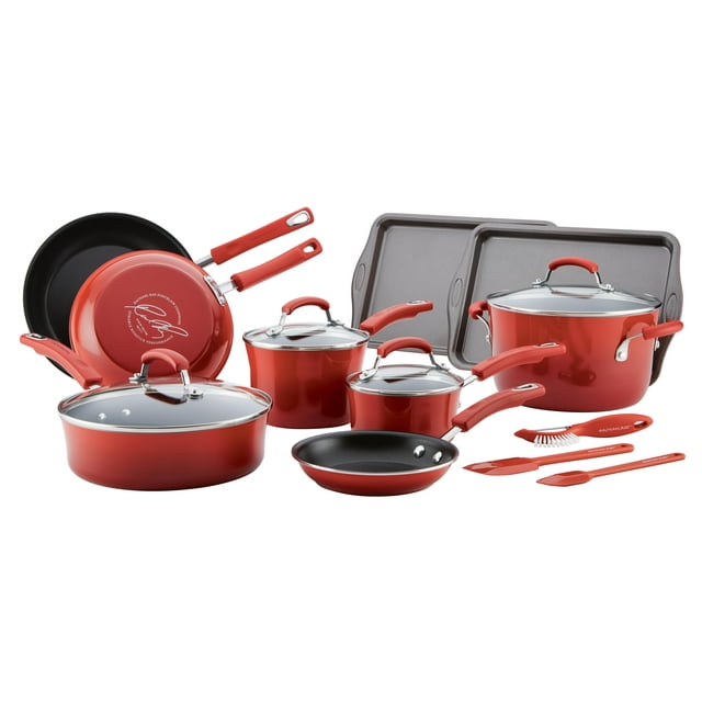 Rachael Ray 16-Piece Classic Brights Porcelain Nonstick Pots and Pans/Cookware Set, Red
