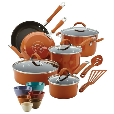 Rachael Ray 18 Pc. Cucina Hard Enamel Nonstick Cookware and Measuring Cup Set, Orange