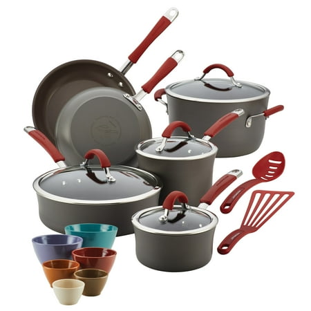 Rachael Ray 18 Piece Cucina Nonstick Pots and Pans and Prep Bowl Set, Gray with Red Handles