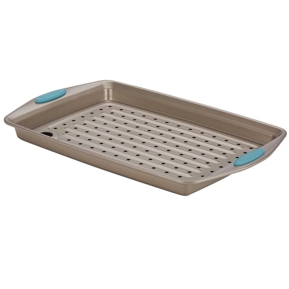Rachael Ray Cucina Nonstick Bakeware 2-Piece Crisper Pan Set, Latte Brown with Agave Blue Handle Grips
