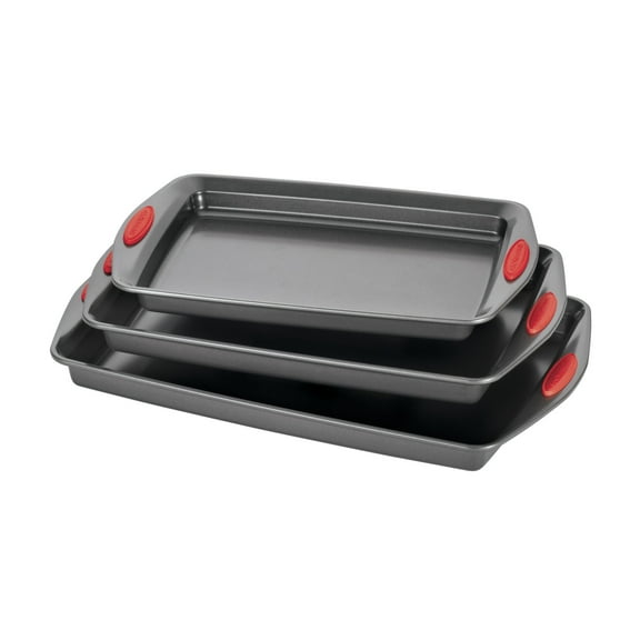 Rachael Ray 3 Piece Yum-o! Nonstick Bakeware Cookie Pan Set, Gray with Red Silicone Grips