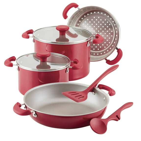 Rachael Ray 8 Piece Create Delicious Stackable Nonstick Pots and Pans, Red Shimmer