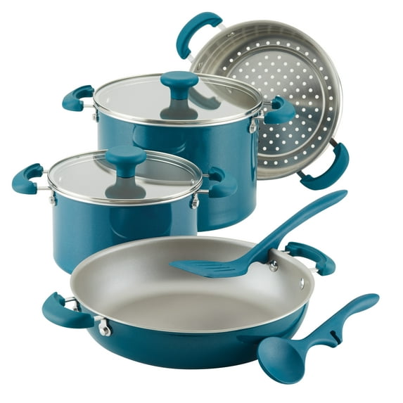 Rachael Ray 8 Piece Create Delicious Stackable Nonstick Pots and Pans, Teal