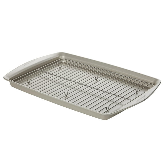 Rachael Ray Bakeware 13 inch x 19 inch Jumbo Steel Nonstick Cookie Pan with Roasting Rack, Silver